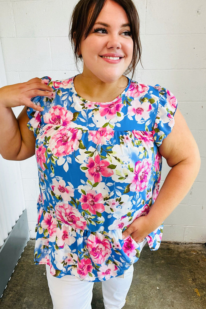 Sky Blue Floral Yoke Flutter Sleeve Keyhole Back Tops | Nikki &amp; Co. Boutique