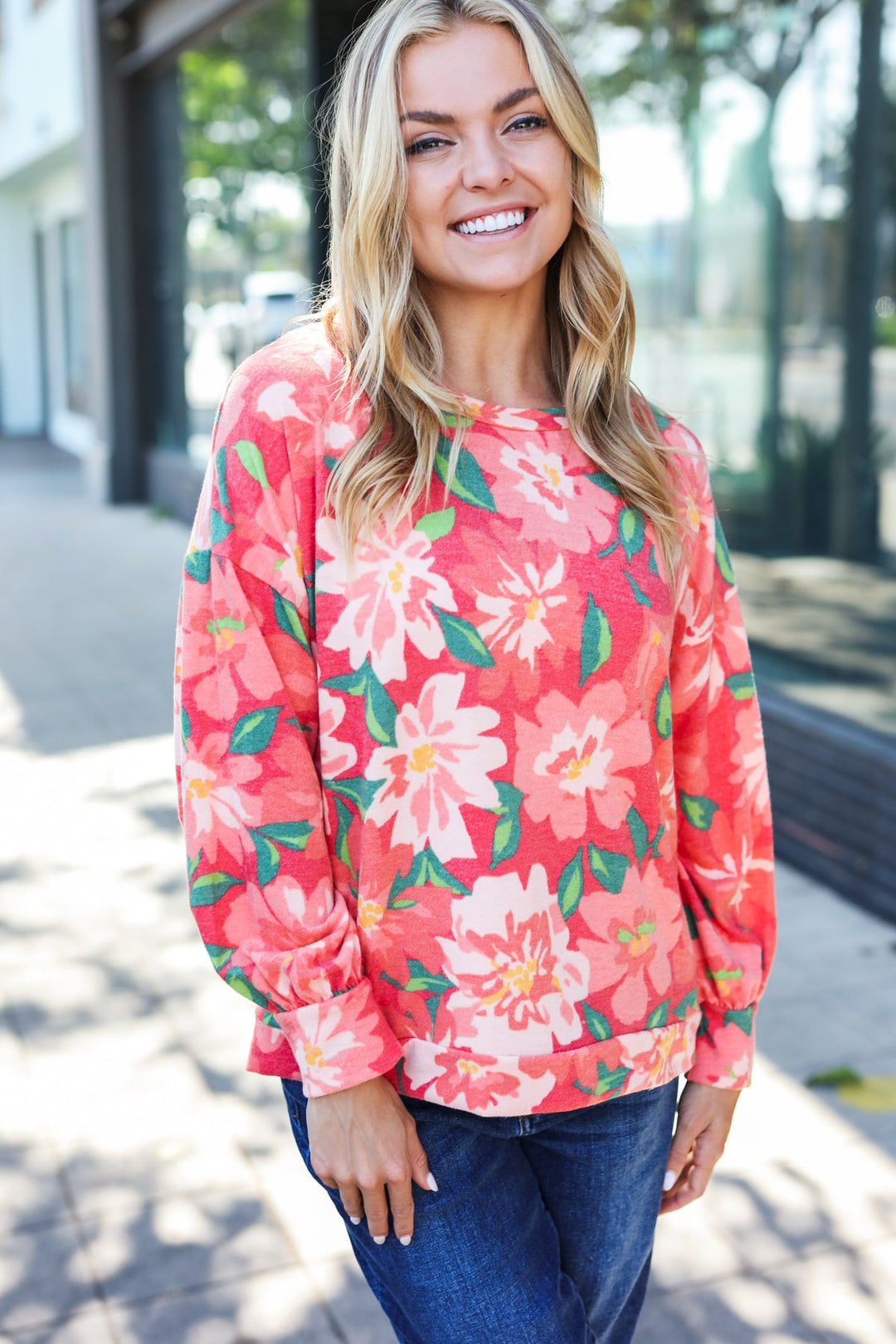 Feeling Femme Red Floral Brushed Hacci Sweater Top | Nikki &amp; Co. Boutique