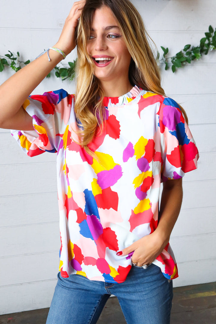 Multicolor Print Frilled Mock Neck Puff Sleeve Tops | Nikki &amp; Co. Boutique