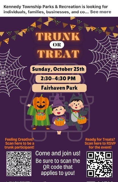 Flyer for Kennedy Township Trunk or Treat at Fairhaven Park on October 25, 2026