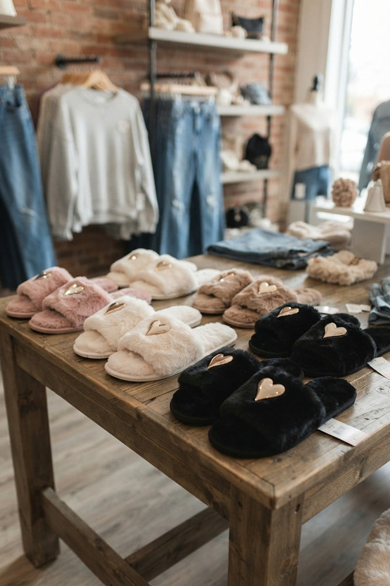 A wooden table in a boutique displays several pairs of plush slip-on slippers in black, cream, pink, and tan, each with a small heart detail on the top. The background shows a clothing rack with jeans and shirts in a softly lit retail store.