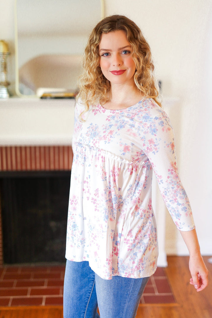 Feeling Fun Blue &amp; Pink Floral Ribbed Babydoll Ruffle Top | Nikki &amp; Co. Boutique