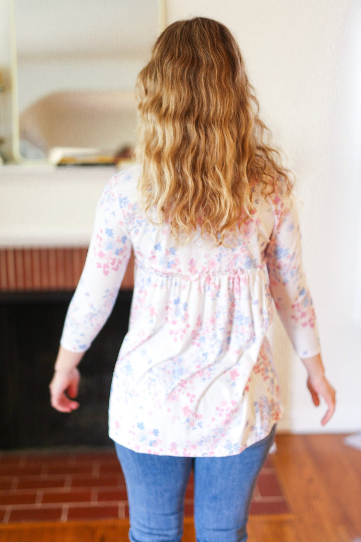 Feeling Fun Blue &amp; Pink Floral Ribbed Babydoll Ruffle Top | Nikki &amp; Co. Boutique