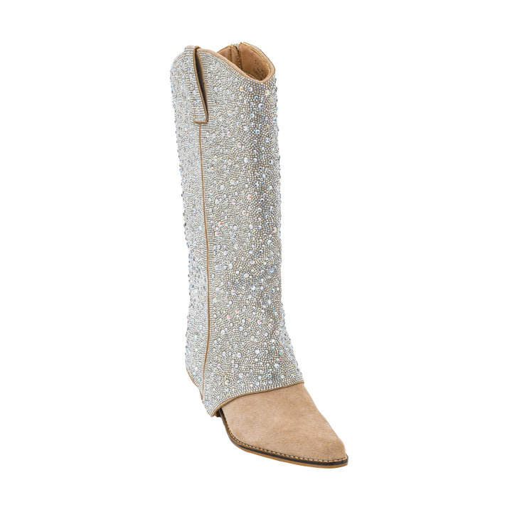 A single tall western boot covered in sparkling silver rhinestones, featuring a tan suede pointed toe and pull tab, shown against a plain white background.