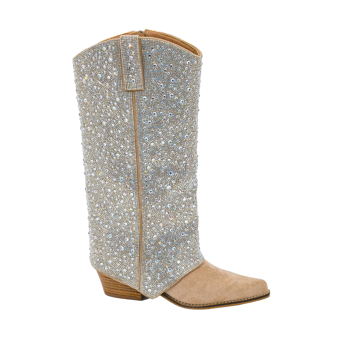 A single cowboy boot with a beige suede foot and a tall shaft covered in sparkling silver rhinestones, shown against a plain white background.