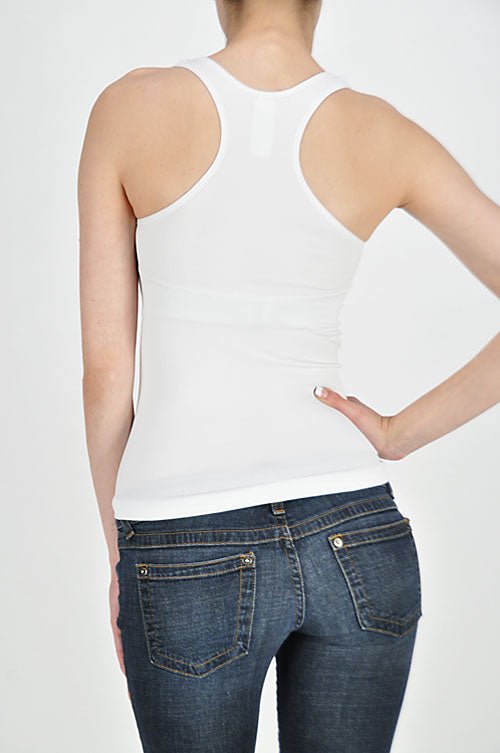 Stretchy ribbed seamless racerback tank top in White — back view, one size fits all. Stretchy Ribbed Seamless Racerback Tank Top (NP) - 7 color options! | Nikki &amp; Co. Boutique