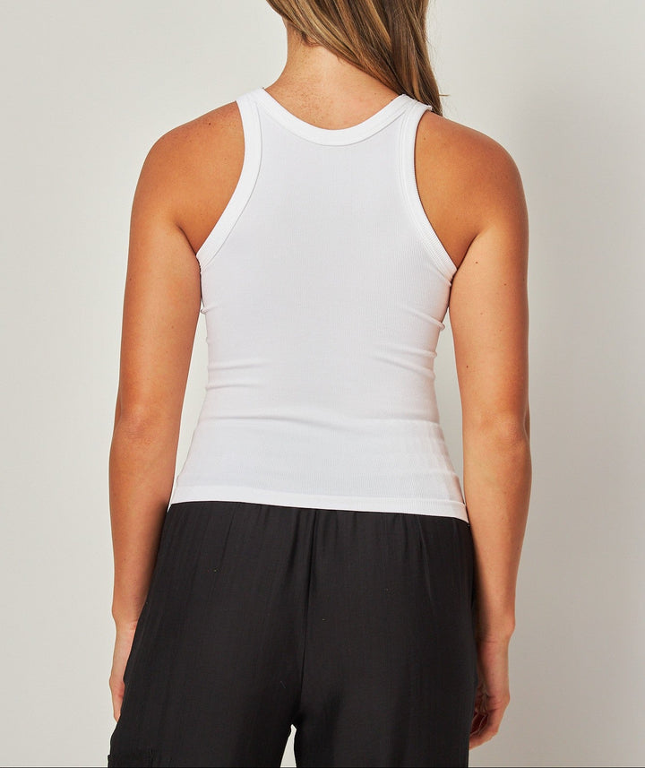 Fine ribbed seamless high neck tank top in White, back view, available in S/M and M/L. Fine Ribbed Seamless High Neck Tank Top (NP) - 9 colors | Nikki &amp; Co. Boutique
