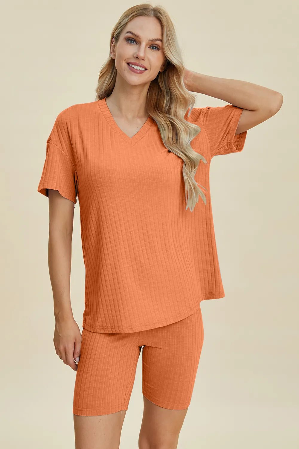 Basic Bae Full Size Ribbed V-Neck Shorts Sleeve Tops and Shorts Sets | Nikki &amp; Co. Boutique