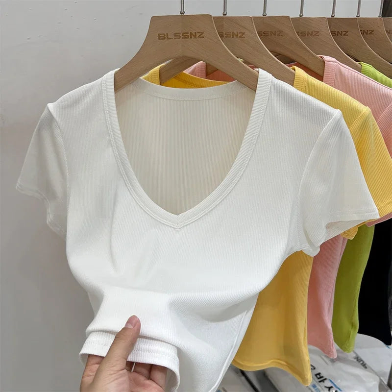 Female Y2K Tops Clothes Summer Sexy Basic Crop Top Women Ribbed Short Sleeve T-shirts Casual V-Neck Solid Slim Fit Tee