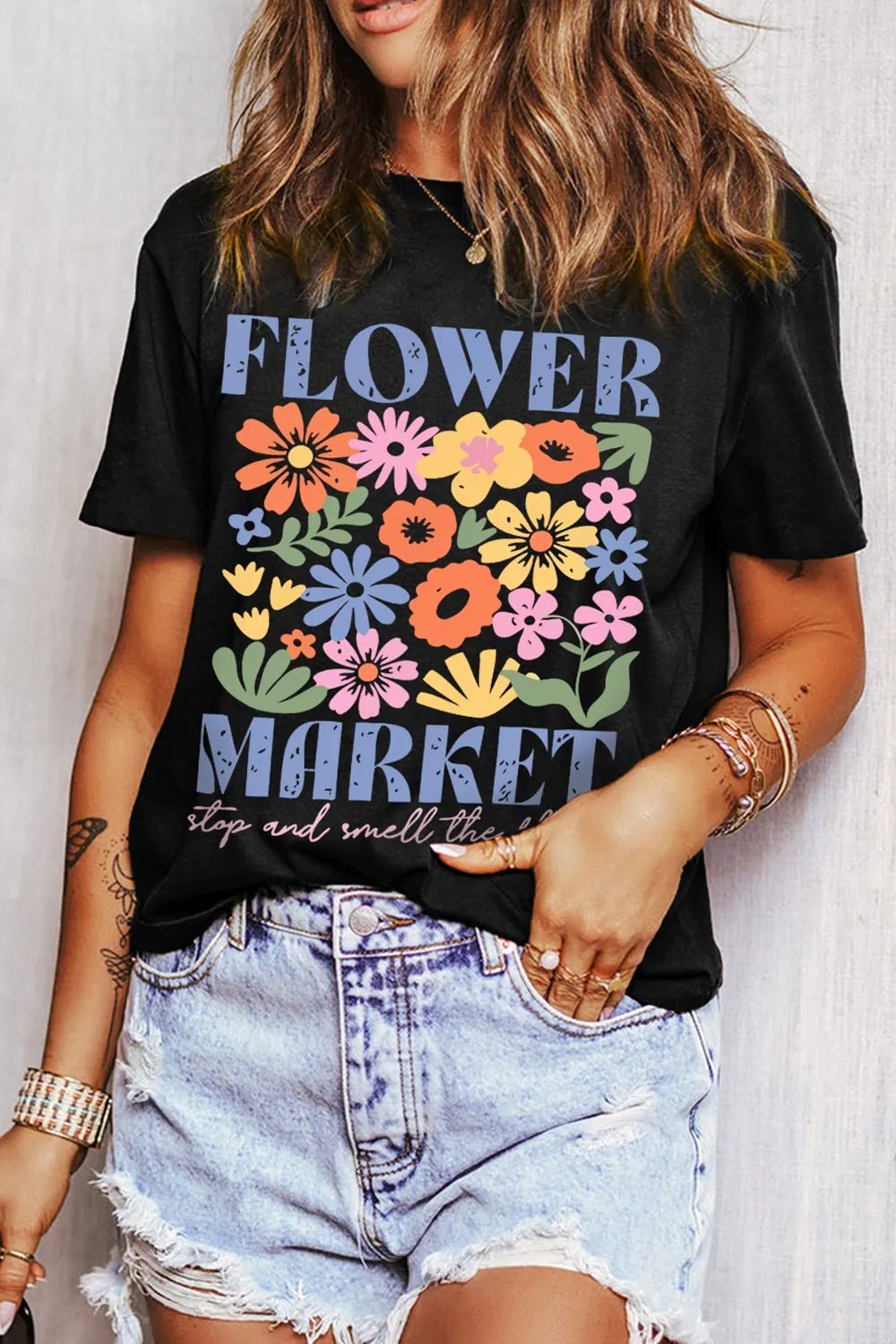 Flower Market Graphic Round Neck T-Shirt - Nikki and Co Boutique