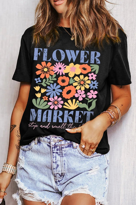 Flower Market Graphic Round Neck T-Shirt - Nikki and Co Boutique