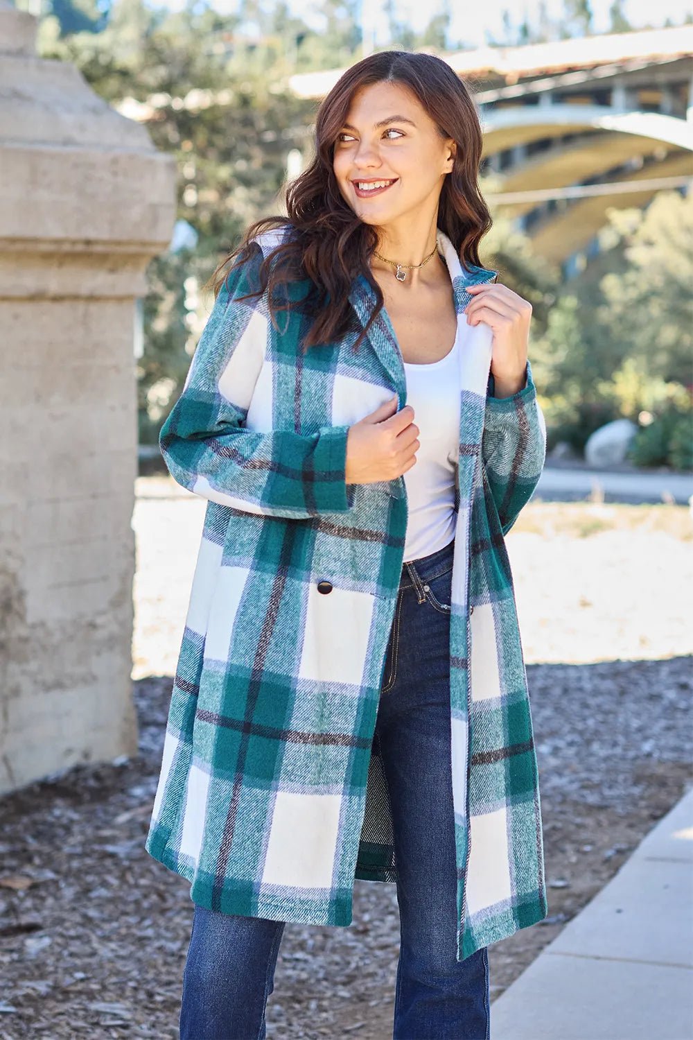 Double Take Full Size Plaid Button Up Lapel Collar Coat - Nikki &amp; Co. Boutique