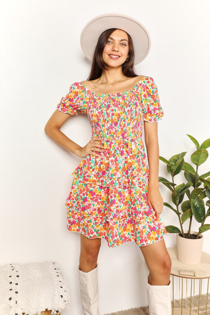 Devine Smocked Sweetheart Neck Flounce Sleeve Mini Dress in Strawberry - Nikki &amp; Co. Boutique