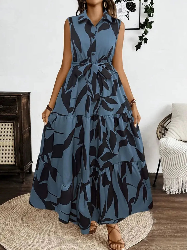 Printed Tie Waist Sleeveless Maxi Dress | Nikki &amp; Co. Boutique