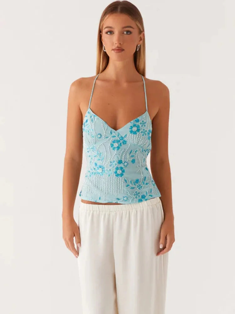 Trendix Sexy Deep V Neck Beach Tank Top Hot Girls Summer Sequins Patchwork Sleeveless Vest Women Vacation Sexy Backless Top