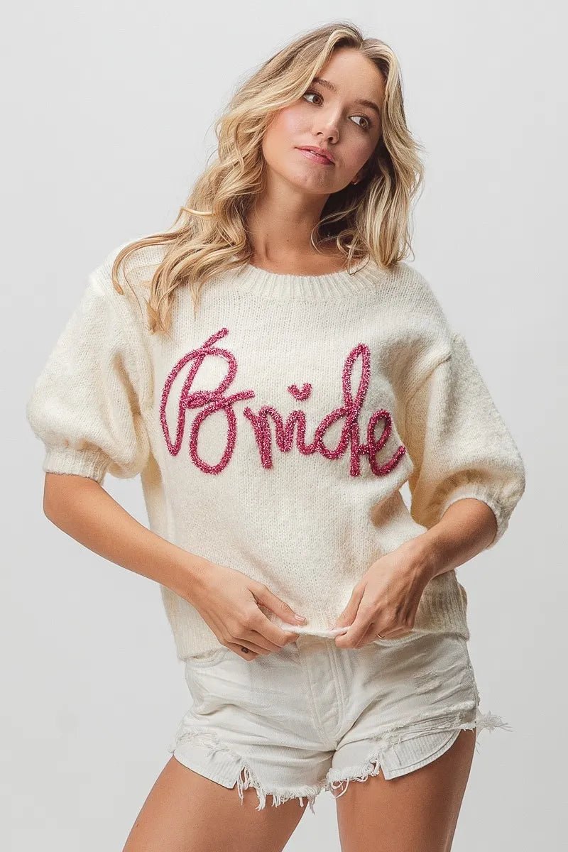 BiBi Metallic Letter Shorts Puff Sleeve Hairy Sweater | Nikki & Co. Boutique