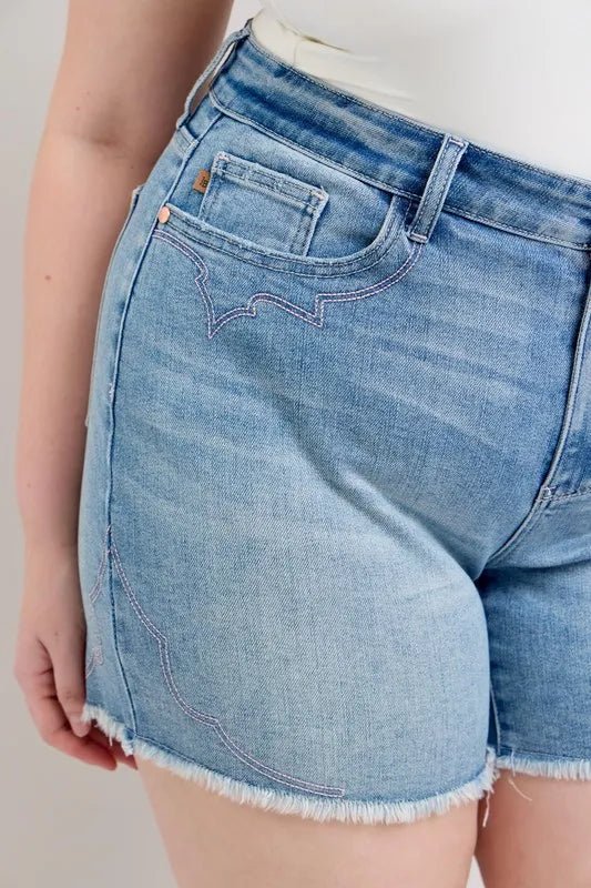 Judy Blue Full Size High Waist Western Embroidery Cut Off Denim Shorts in Light Wash - Nikki &amp; Co. Boutique