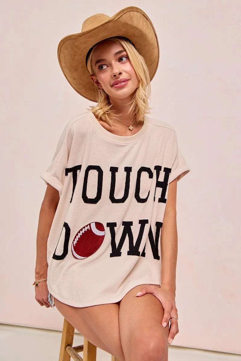 BiBi Touchdown Letter Patch Waffle Knit Top | Beige - Nikki &amp; Co. Boutique