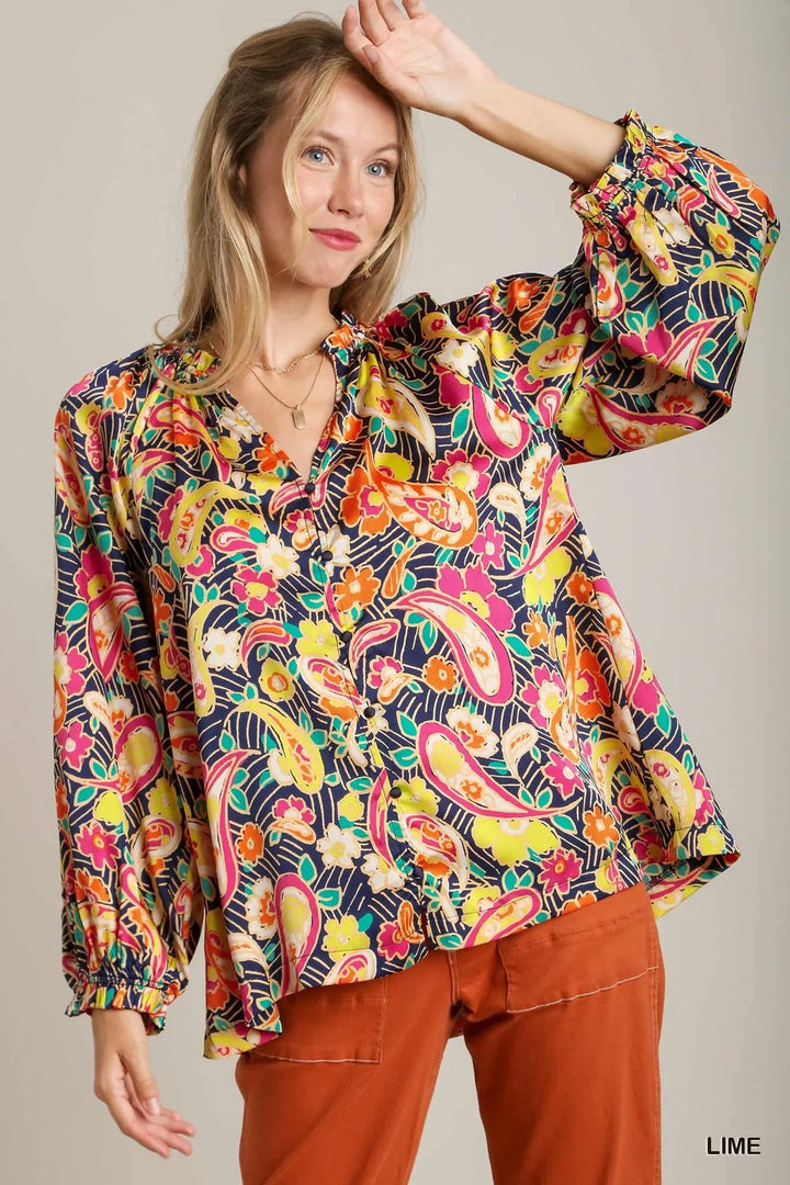 Umgee Full Size Satin Paisley Ruffle Neck Button-Up Shirt Plus Size - Nikki &amp; Co. Boutique