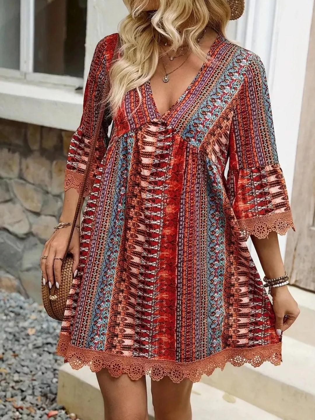 Printed V - Neck A - Line Dress - Nikki &amp; Co. Boutique