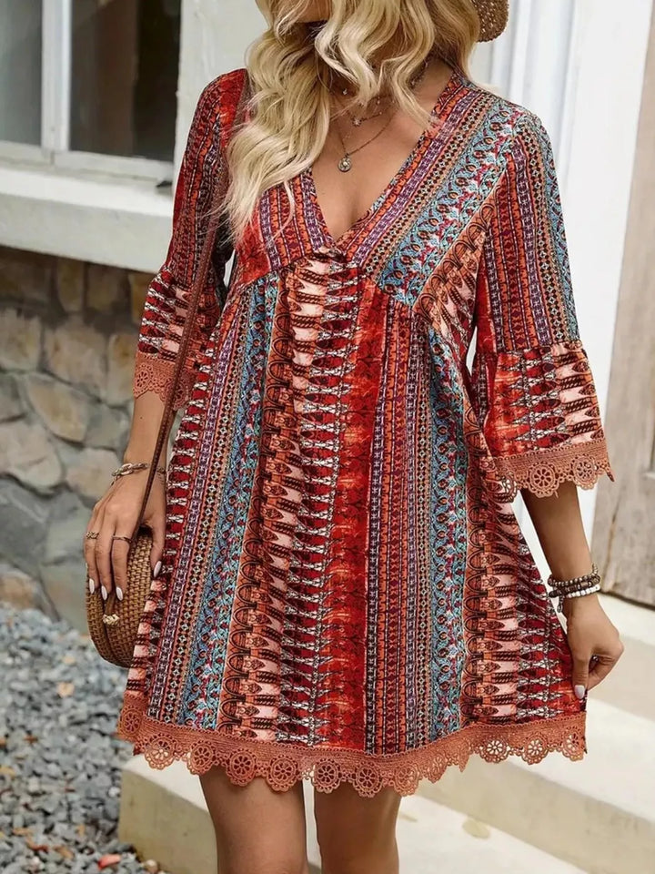 Printed V - Neck A - Line Dress - Nikki &amp; Co. Boutique