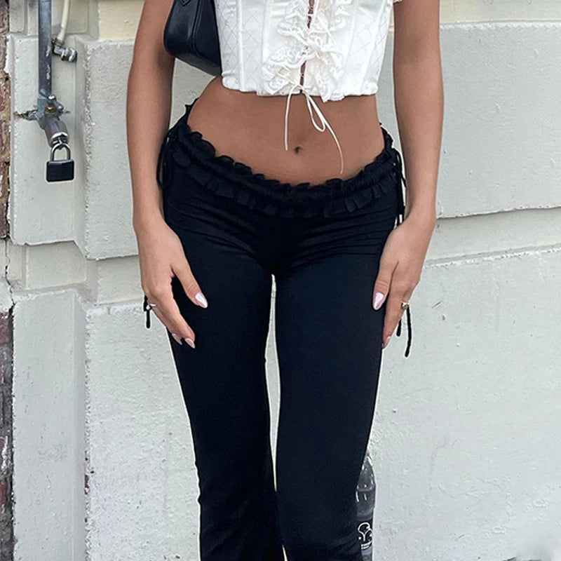 Goth Dark Y2k Ruffles Fairy Pant Sexy Women Pants Gothic Skinny Fashion Boot Cut Trousers Grunge Trim Bandage Streetwear Bottoms