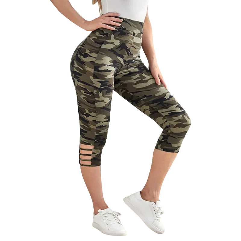 Plus Size Women's Camo Capri Leggings with Side Stripe Cutouts Stylish High Elasticity Knit Sporty  Fashionable Casual Pants