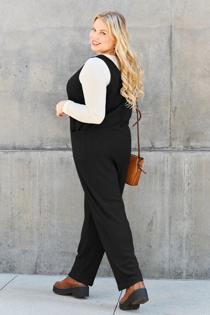 Waffle-Knit Sleeveless V-Neck Jumpsuit with Pockets - Nikki &amp; Co. Boutique