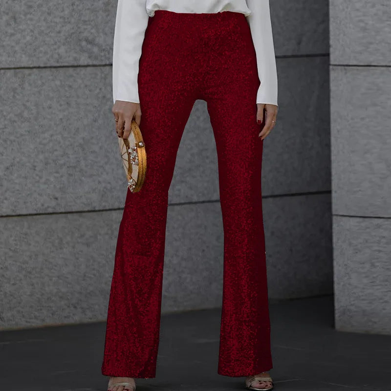 Party Night Clubwear Black Sequined Trousers Women Summer High Waist Slim Flare Pants Streetwear Casual Femme Glitter Long Pants