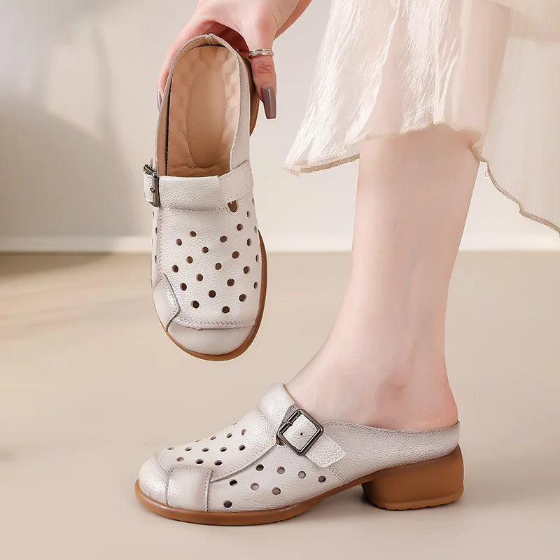 New Cow leather low heel sandals women's hollow out mules shoes woman buckle strap slipper sandals ladies elegant slip on shoes