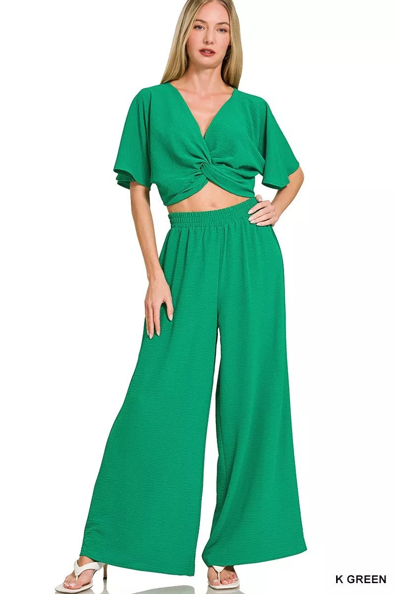 Zenana Woven Airflow Twisted Tops &amp; Wide Leg Pants Sets | Nikki &amp; Co. Boutique