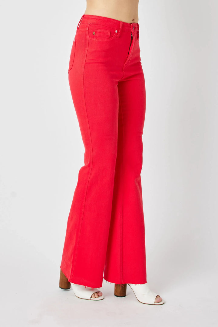 Judy Blue High-Rise Tummy Control Garment-Dyed Flare Jeans | Red - Nikki &amp; Co. Boutique