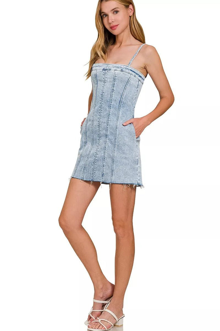 Zenana Spaghetti Strap Exposed Seam Light-Wash Dress | Nikki &amp; Co. Boutique