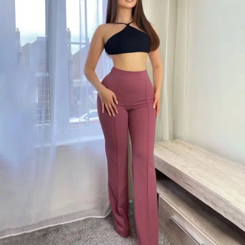 Female Casual Solid Pants Fashion High Waist Flare Pants Lady Office Elegant Long Pants For Women Spring Summer Womens Clothing