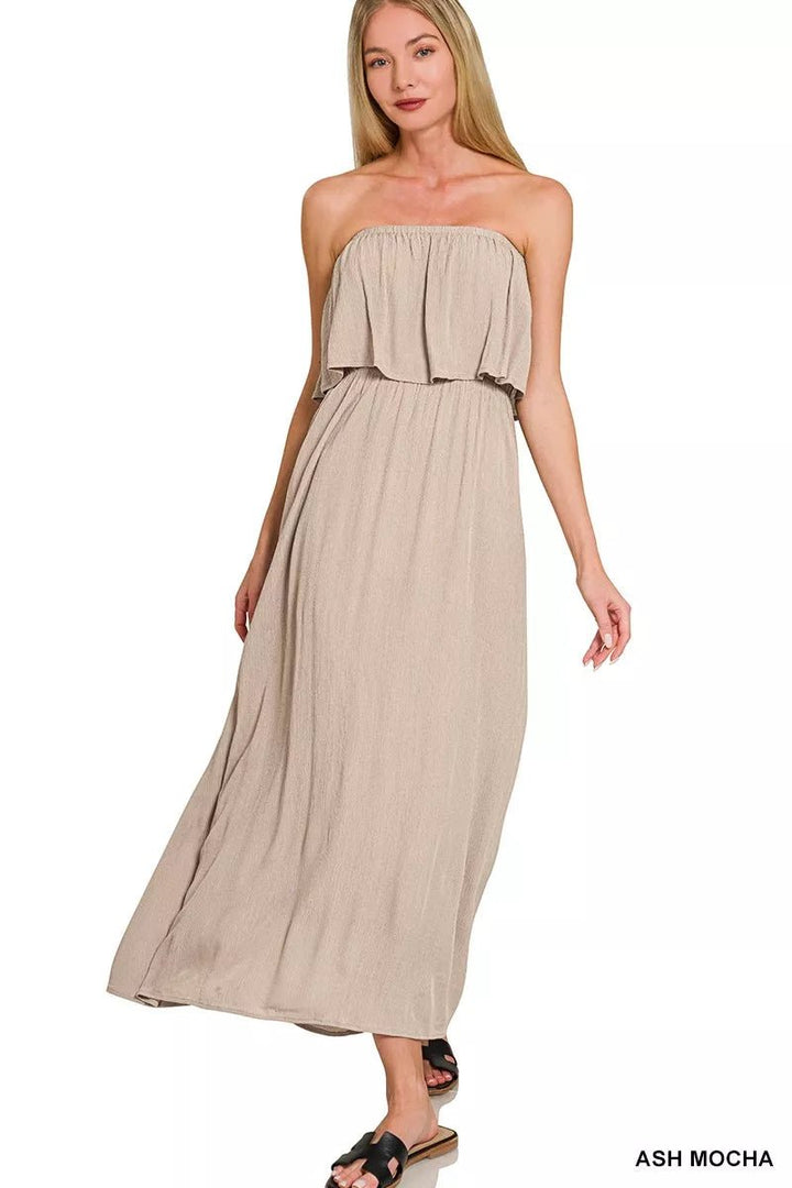 Zenana Woven Crinkle Strapless Maxi Dress in Ash Mocha - Nikki &amp; Co. Boutique