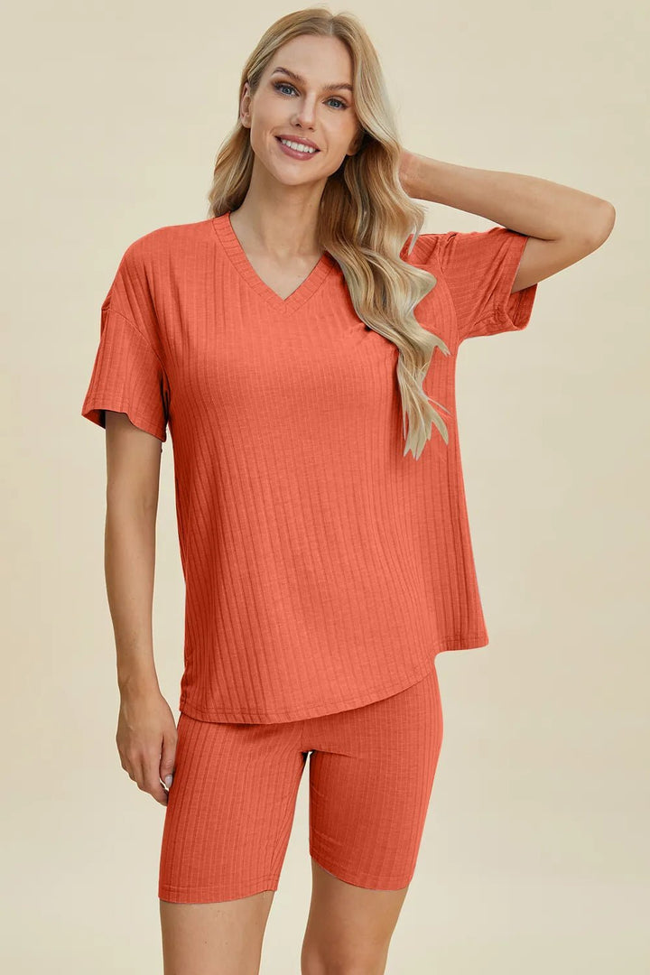 Basic Bae Full Size Ribbed V-Neck Shorts Sleeve Tops and Shorts Sets | Nikki &amp; Co. Boutique