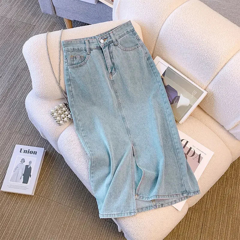 Wrap Women's Denim Skirt Blue Tight Female Jeans Skirts with Slit Luxury Elegant Stylish Premium Summer Modest Vintage Chic