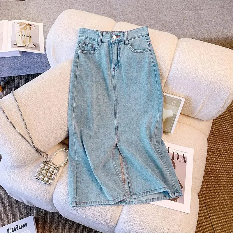 Wrap Women's Denim Skirt Blue Tight Female Jeans Skirts with Slit Luxury Elegant Stylish Premium Summer Modest Vintage Chic