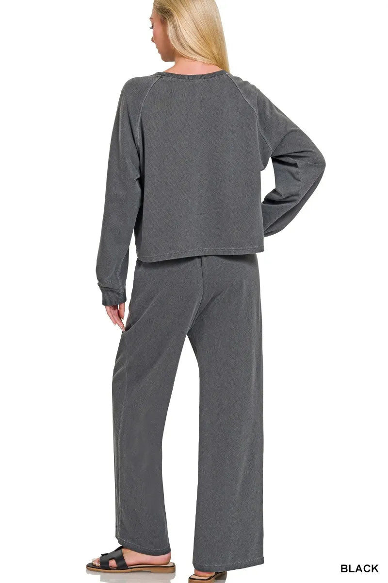 Zenana Washed French Terry Round Neck Pullover &amp; Pants Set - Nikki &amp; Co. Boutique