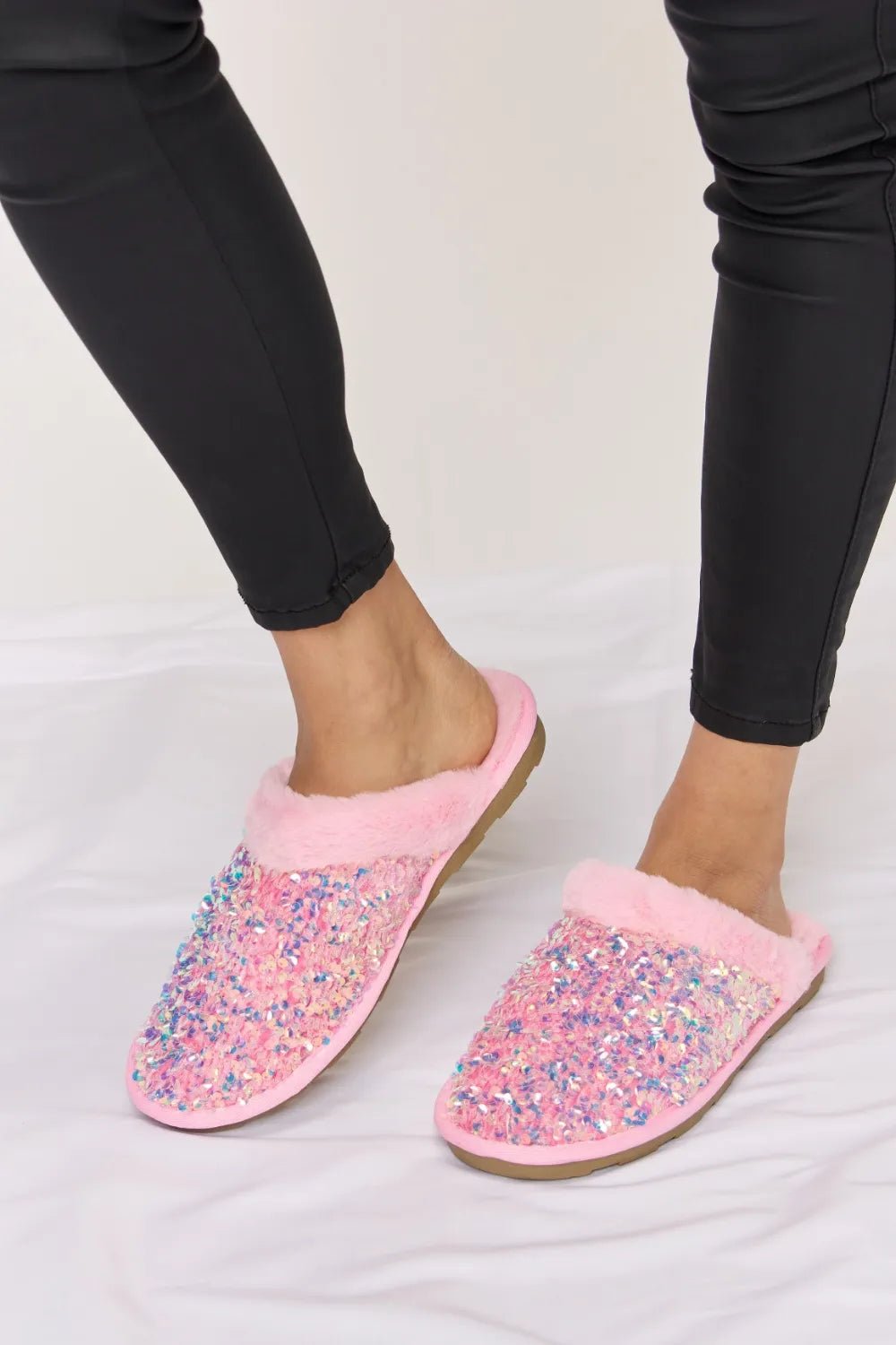 Forever Link Sequin Plush Round Toe Slippers in Pink - Nikki &amp; Co. Boutique