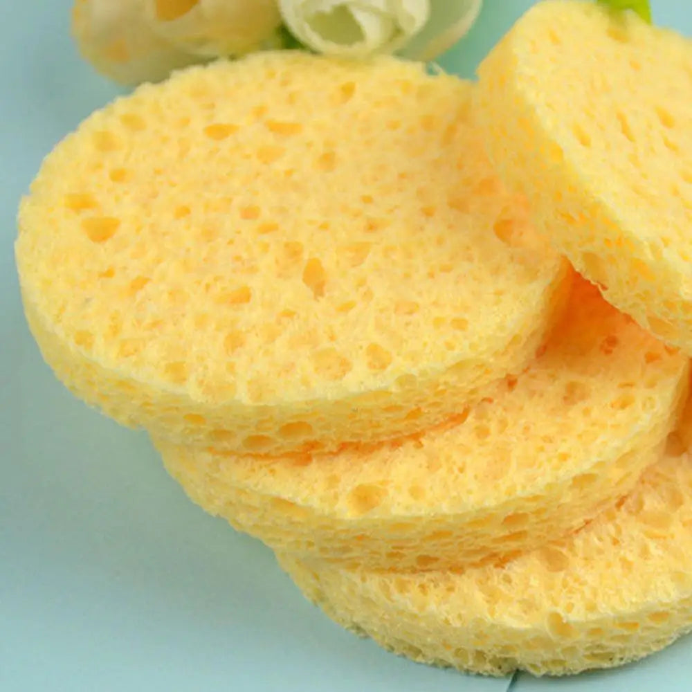 10 pcs 6-9cm Yellow Face Round Makeup Remover Tool, Wood Sponge Cellulose Cosmetic Puff, Cleansing Sponge, Facial Washing Sponge