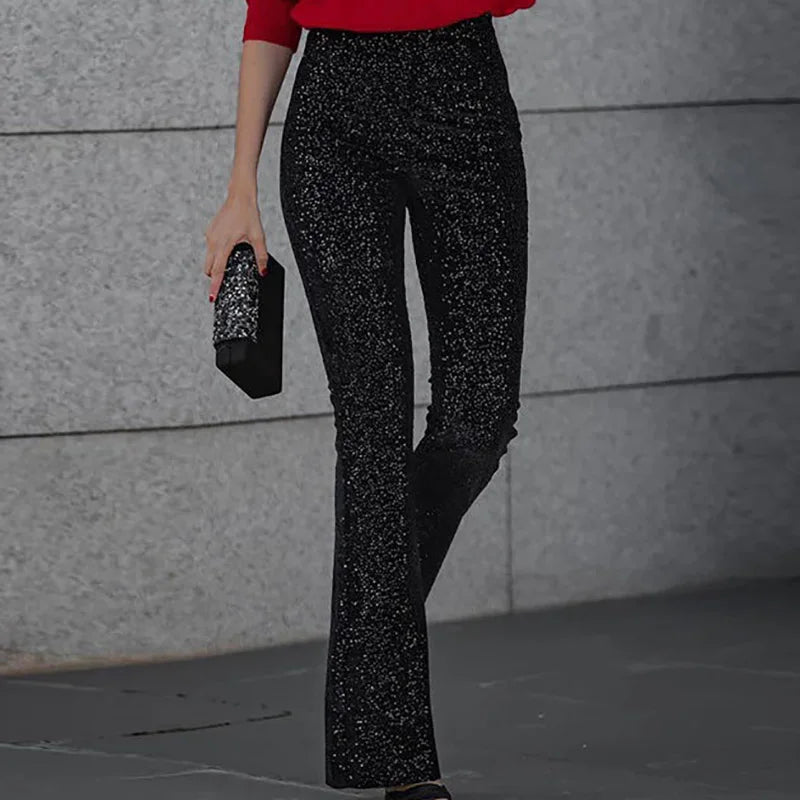 Party Night Clubwear Black Sequined Trousers Women Summer High Waist Slim Flare Pants Streetwear Casual Femme Glitter Long Pants