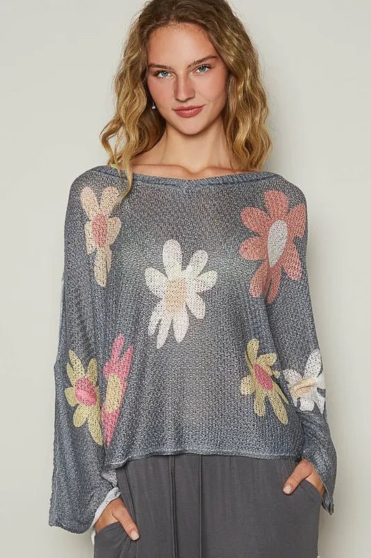 POL Flower Dropped Shoulder Long Sleeve Knit Top - Nikki &amp; Co. Boutique