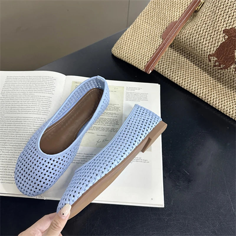 White Flats Ladies Low Heels Pumps Summer Office Shoes Blue Porosity Mary Jane Flat Shoes Comfort Ballet Plus Size 42 43