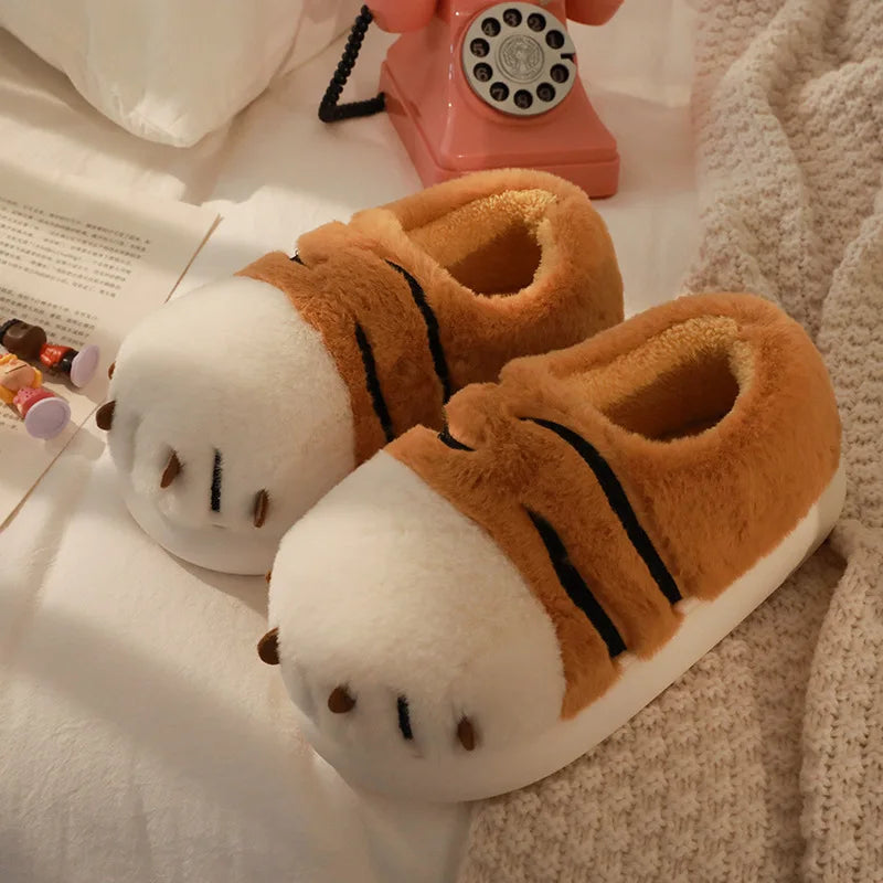 Cartoon Tiger Paw Slipper Winter Indoor Warm Fur Shoes Slides Cute Animals Plush Platform Design Claw Ladies Home Slippers