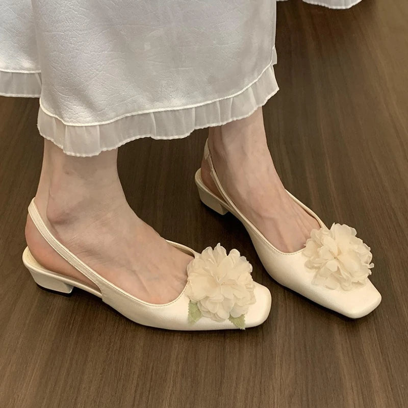 Flower Summer Sandals for Women Shallow Comfort Low Heel Dress Shoes Ladies Fashion Designer Footwear Female Zapatos De Mujer