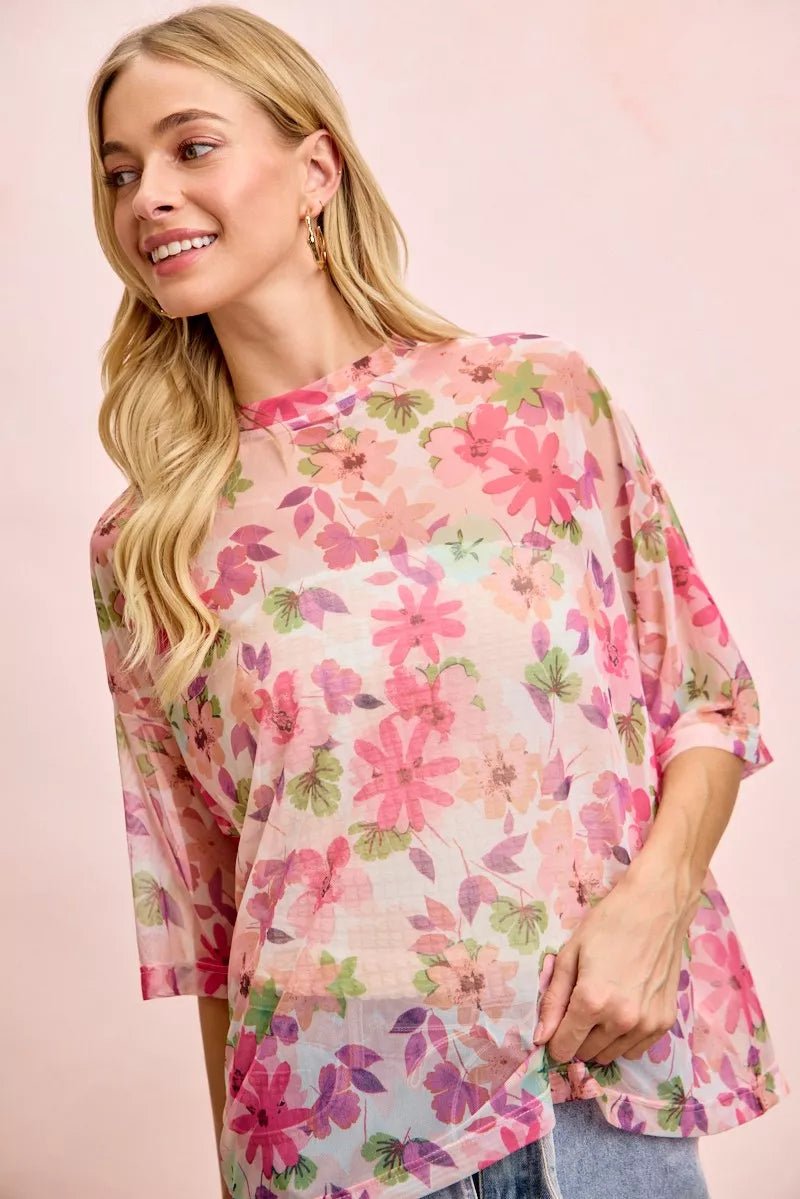 BiBi Floral Print Shorts Sleeves Boxy Mesh Tops | Nikki &amp; Co. Boutique