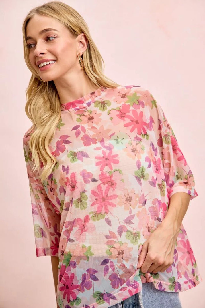 BiBi Floral Print Shorts Sleeves Boxy Mesh Tops | Nikki &amp; Co. Boutique