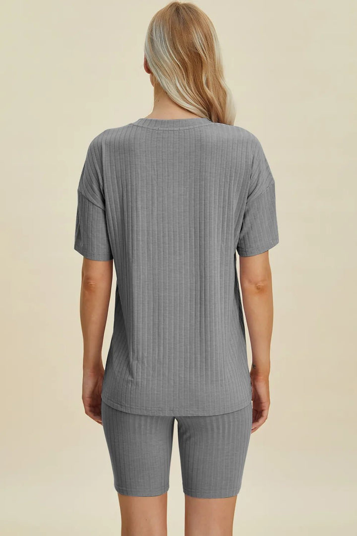 Basic Bae Full Size Ribbed V-Neck Shorts Sleeve Tops and Shorts Sets | Nikki &amp; Co. Boutique