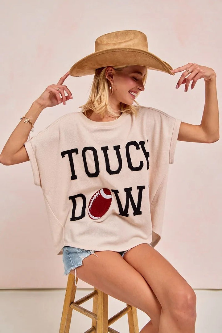 BiBi Touchdown Letter Patch Waffle Knit Top | Beige - Nikki &amp; Co. Boutique